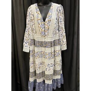 Anthropologie Blue and White Floral Midi Dress